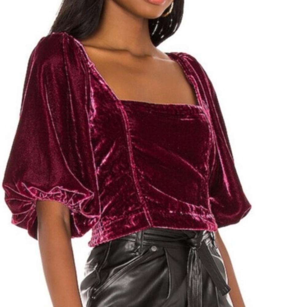 Free People Burgundy Velvet Square Neck Puff Sleeve Top